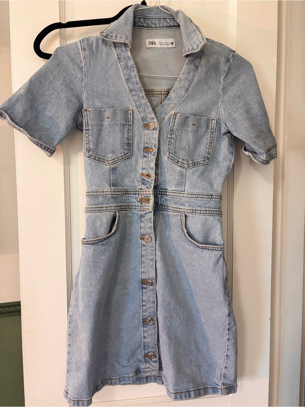 Zara Light Blue Denim Button-Front Mini Dress